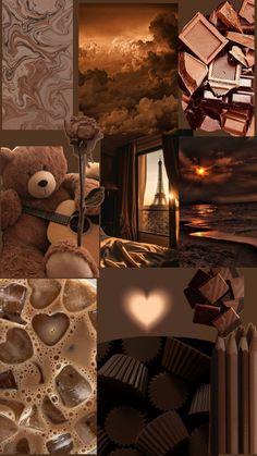 a collage with chocolates, hearts and a teddy bear