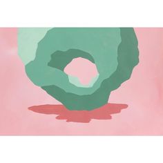 an abstract painting with green and pink colors on a pink background, the image shows a donut that has been bitten off