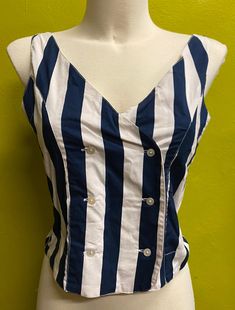 "Vintage navy blue and white vertical striped double breasted tank top made by Hunters Run. 100% cotton, Made in India. 36\" chest, 19\" length. Great unworn condition!" Navy Sailor Tops For Spring, Navy Sailor Style Top For Spring, Striped Sailor Style Top For Spring, Spring Sailor Striped Top, Cotton Sailor Style Top, White Sailor Top For Summer, White Sleeveless Top With Vertical Stripes, Sailor Style Striped Cotton Top, Striped Sailor Style Cotton Top