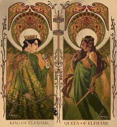 an illustration of two women dressed in green and gold