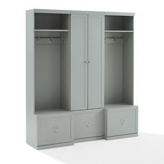 an open gray cabinet with two drawers on the bottom and one door opened to reveal a coat rack