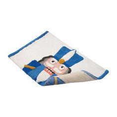 a blue and white towel with a cartoon character on it