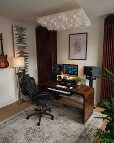 a room with a desk, chair and guitar