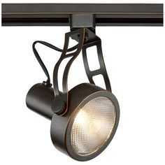 an overhead track light with a black metal finish and dimmer on the bulb, is shown