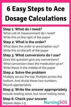 the steps to ace dosage calculations are shown in pink and white with black text