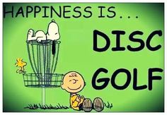 a cartoon character is playing with a disc golf net and the words happiness is disc golf