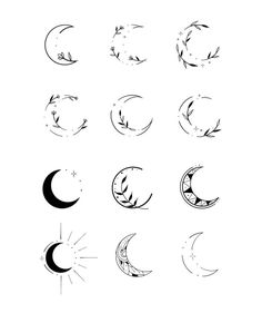 twelve phases of the moon in black and white with stars, crescents and sun