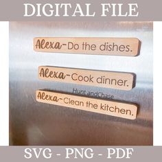 there are three wooden signs on the front of this refrigerator that say,'digital file '