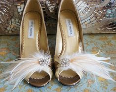 a pair of high heeled shoes with feathers on them