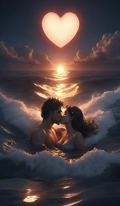 two people kissing in the ocean with a heart shaped light above them on top of their heads