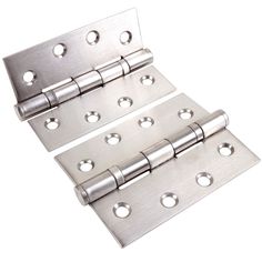 two stainless steel door hinges with holes on each side and one in the middle