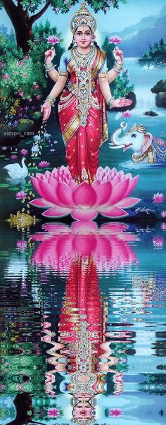 the hindu goddess sitting on top of a lotus flower in front of a body of water