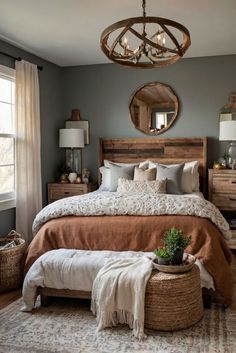 a bedroom with a bed, dressers and mirror in it's center area