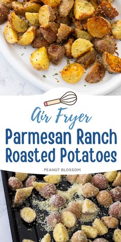 air fryer parmesan ranch roasted potatoes on a white plate with text overlay