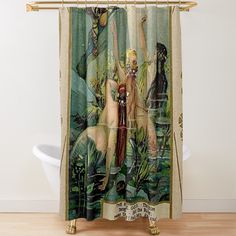 a shower curtain with an image of two women in the woods