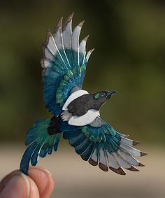 a small blue and white bird flying through the air