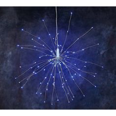 a blue and white firework is shown in the night sky with many lights on it