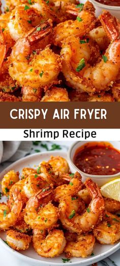 crispy air fryer shrimp recipe on a plate with dipping sauce