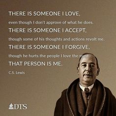 a man with a scarf around his neck standing in front of a quote from c s lewis