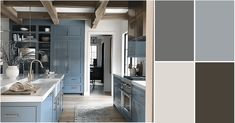 a kitchen with blue cabinets and white counter tops