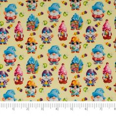 a yellow background with colorful gnomes and mushrooms