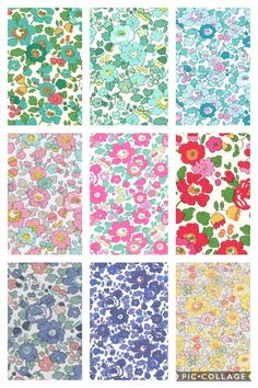 six different patterns of flowers in various colors