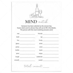 Wine Party Icebreaker Game Mind Match Printable by LittleSizzle Wine Party Games Activities, Wine Tasting Games, Wine Party Games, Hosting A Wine Tasting Party, Fun Icebreaker Games, Mobile Bartending, Fun Icebreakers, Baby Shower Wishes, Wishes For Baby Cards