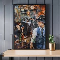 a painting of men in hats and vests at a bar with bottles on the counter