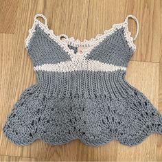 Beautiful, Soft Hand Knitted Top Never Worn. Runs Small White Crochet Knit Top, Gray Textured Knit Top, Cozy Hand Knitted Knit Tops, Cozy Hand-knitted Knit Tops, Hand Knitted Cozy Top, Casual Crochet Knitting Pattern For Spring, Casual Summer Knitting Pattern, Knitted Tops In Yarn For Spring, Gray Knit Knitting Pattern