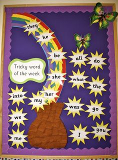 a bulletin board with the words tricky word of the week written in different colors and shapes