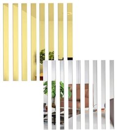 three different pictures of the same room divider, each with yellow and white stripes