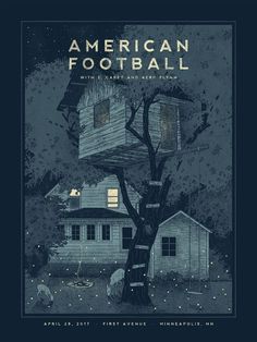 an american football poster with a tree house in the background