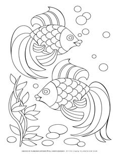 two fish swimming in the water with bubbles and leaves on it's sides, coloring page