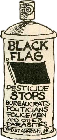 an old black flag advertises pesticide stoppers