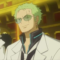 an anime character with green hair and glasses in a white suit looking off to the side