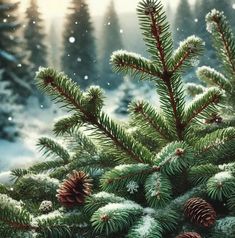 a painting of pine cones and fir trees in the snow