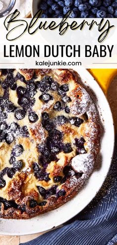 blueberry lemon dutch baby on a white plate