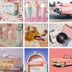 the collage has pink cars, ice cream, and other things on it in different pictures