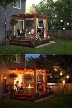 two pictures of people sitting on a deck at night and in the evening with lights