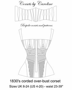 the front and back view of a corset pattern, with measurements for each piece