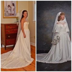 two pictures of brides in wedding gowns, one with veil and the other without