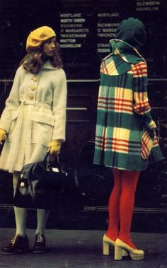 1970s I love these combinations. A great way to feminize a coat is through carefully chosen accessories. Fashion 60s, Red Tights, 60s 70s Fashion, 60s And 70s Fashion, 70s Inspired Fashion