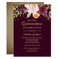 an elegant burgundy and gold quinceena celebration with flowers on the front, glitter background