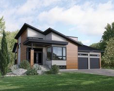 a house with two garages in the front yard