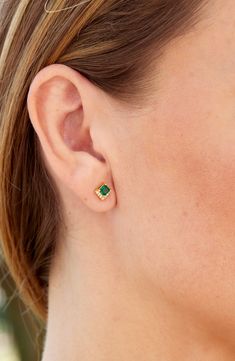 Easy-to-wear stud earrings will add significant polish to even your most casual ensembles. 3/8"W x 3/8"L Post back 18k-gold plate/simulated emerald or simulated ruby/cubic zirconia
 Imported Classic Gold Emerald Earrings, Green Birthstone Earrings, Emerald Earring Stud, Emerald Stud Earrings With Diamonds, Emerald Green Earrings Studs, L Post, Green Stud Earrings, Simple Studs, Earrings Emerald