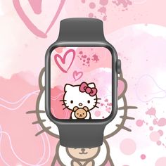 the hello kitty watch is on display with pink paint splattered in the background