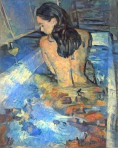 a painting of a woman sitting in a bathtub with her back to the camera