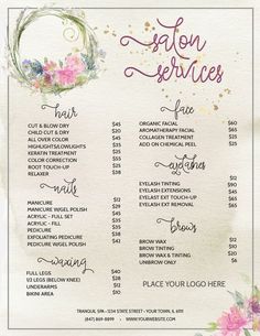 a menu with flowers on it and the words salon services written in cursive writing