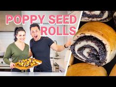 a man and woman standing in front of a pile of rolls with the words poppy seed rolls on it