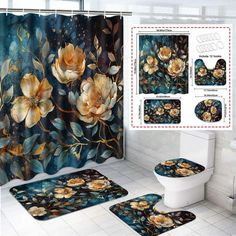 the bathroom is decorated in blue and yellow colors with flowers on it, along with matching rugs